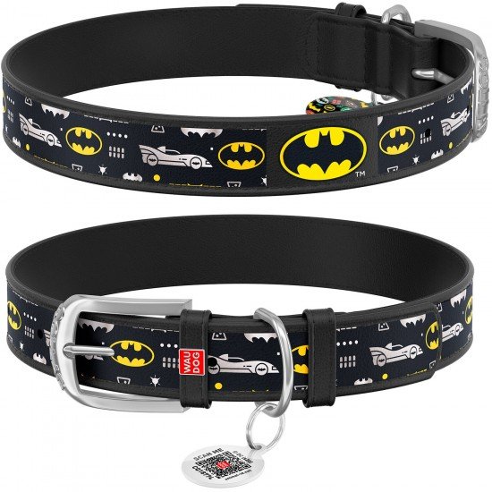 Waudog leather collar for dog design with pattern Batman3 metal buckle Black