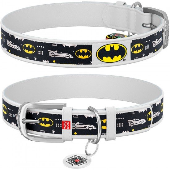 Waudog leather collar for dog design with pattern Batman3 metal buckle White