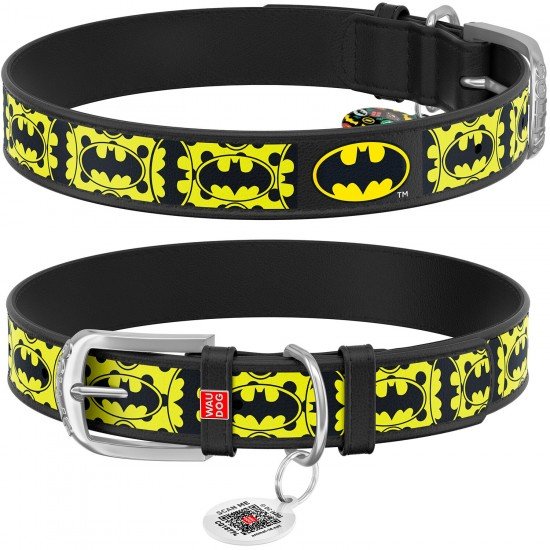 Waudog leather collar for dog design with pattern Batman4 metal buckle Black