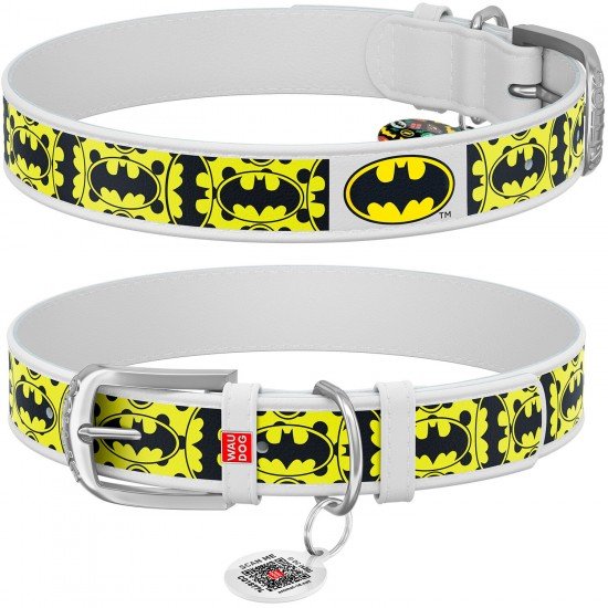 Waudog leather collar for dog design with pattern Batman4 metal buckle White