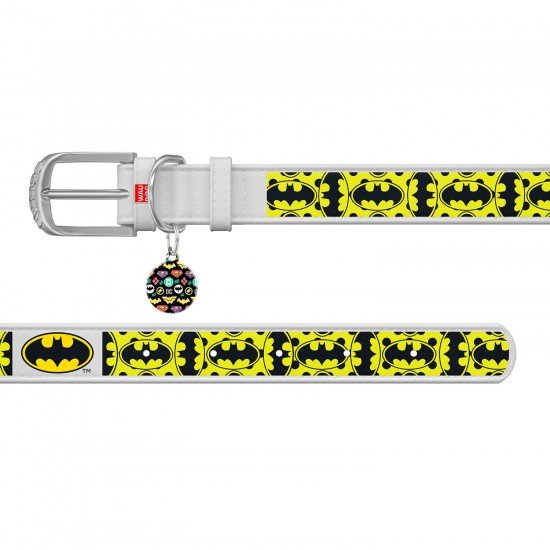 Waudog leather collar for dog design with pattern Batman4 metal buckle White