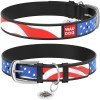 Waudog leather collar for dof design with pattern Stars and stripes metal buckle Black