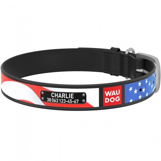 Waudog leather collar for dof design with pattern Stars and stripes metal buckle Black