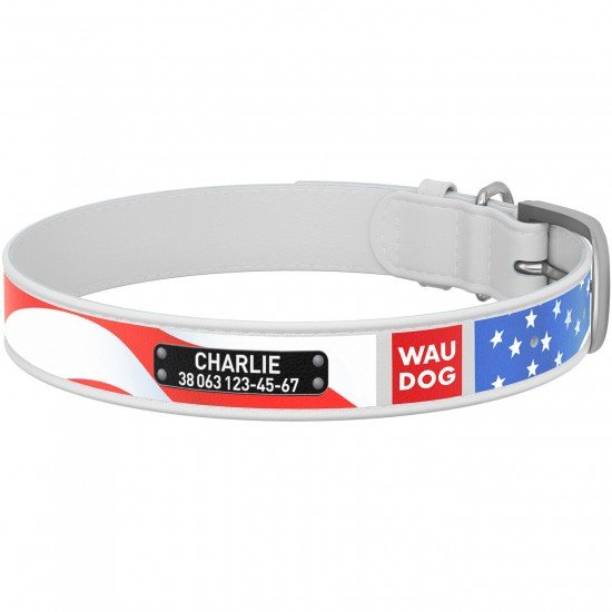 Waudog leather collar for dof design with pattern Stars and stripes metal buckle White