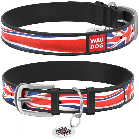 Waudog leather collar for dog design with pattern Union Jack metal buckle Black