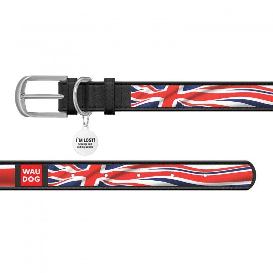 Waudog leather collar for dog design with pattern Union Jack metal buckle Black Waudog leather collar for dog design with pattern Union Jack metal buckle Black