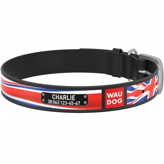 Waudog leather collar for dog design with pattern Union Jack metal buckle Black