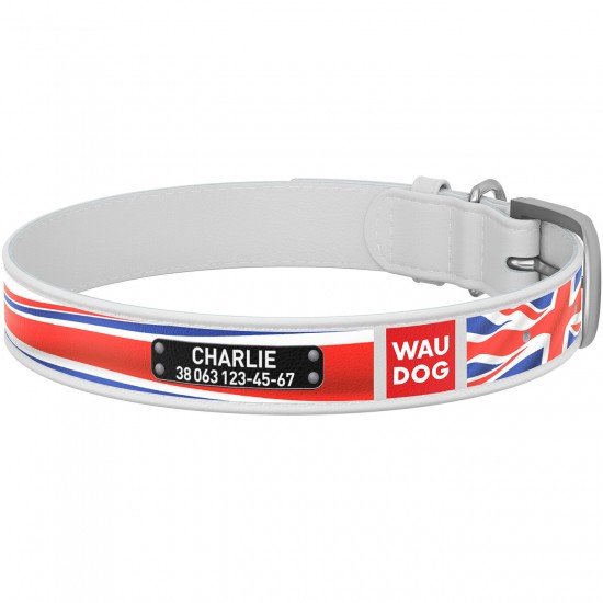 Waudog leather collar for dog design with pattern Union Jack metal buckle White