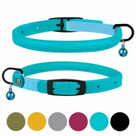 Collar for cats round leather BronzeDog Premium elastic band and bell Blue