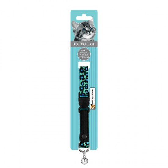 Collar for cat Bronzedog Urban Leopard Nylon Plastic Buckle and Bell Turquoise