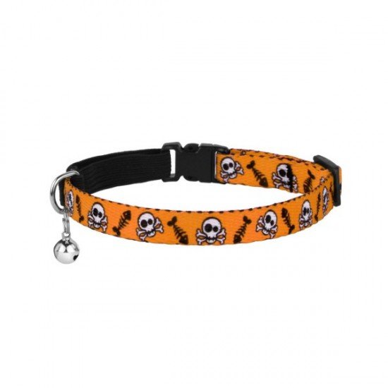 Collar for cats BronzeDog Urban Skull Nylon elastic with bell Orange