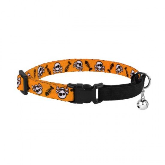 Collar for cats BronzeDog Urban Skull Nylon elastic with bell Orange