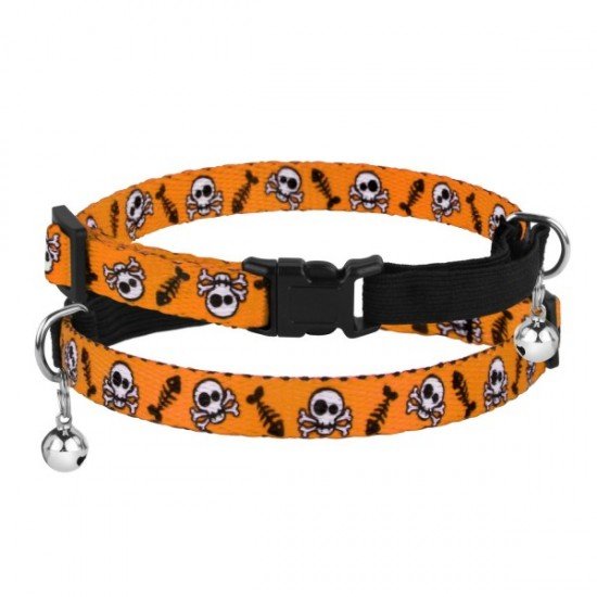 Collar for cats BronzeDog Urban Skull Nylon elastic with bell Orange