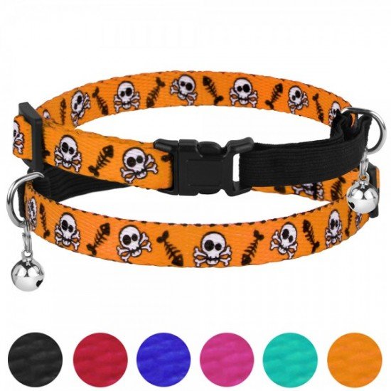 Collar for cats BronzeDog Urban Skull Nylon elastic with bell Orange