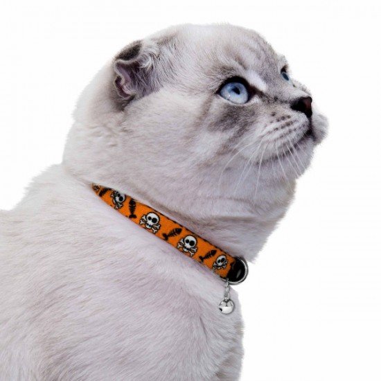 Collar for cats BronzeDog Urban Skull Nylon elastic with bell Orange