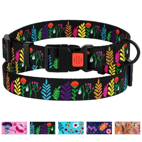 Collar for dogs BronzeDog Urban Flowers Nylon Plastic Buckle Black