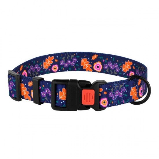 Collar for dogs BronzeDog Urban Flowers Nylon Plastic Buckle Dark Blue