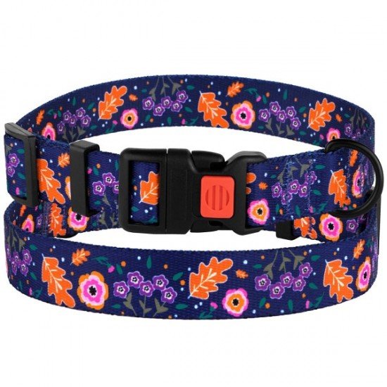 Collar for dogs BronzeDog Urban Flowers Nylon Plastic Buckle Dark Blue