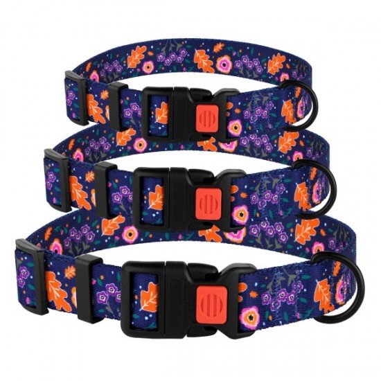 Collar for dogs BronzeDog Urban Flowers Nylon Plastic Buckle Dark Blue