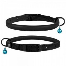 Collar for cats round leather BronzeDog Premium elastic band and bell Black