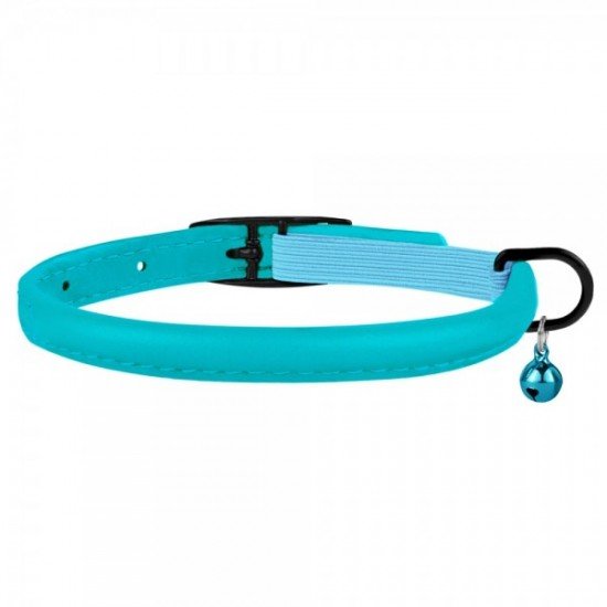 Collar for cats round leather BronzeDog Premium elastic band and bell Blue