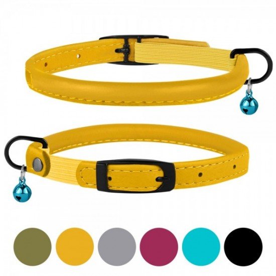 Collar for cats round leather BronzeDog Premium elastic band and bell Mustard