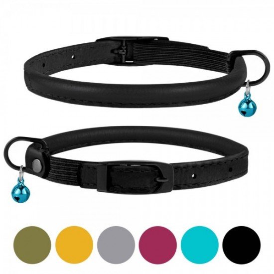 Collar for cats round leather BronzeDog Premium elastic band and bell Black