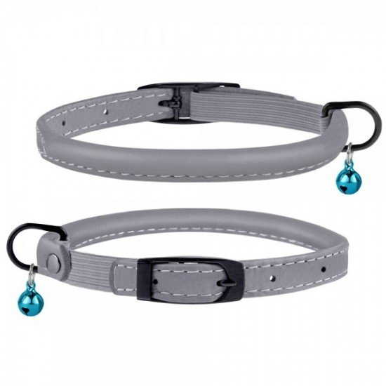 Collar for cats round leather BronzeDog Premium elastic band and bell Gray