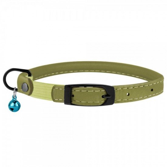 Collar for cats round leather BronzeDog Premium elastic band and bell Olive