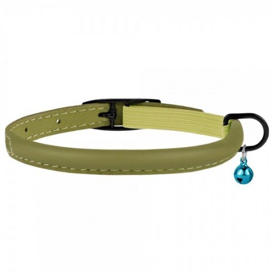 Collar for cats round leather BronzeDog Premium elastic band and bell Olive