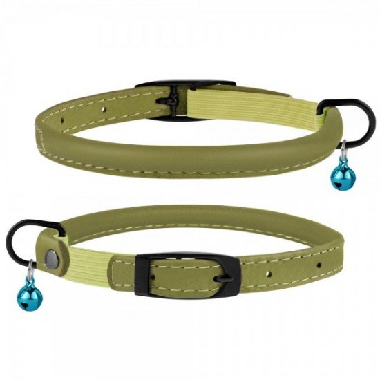 Collar for cats round leather BronzeDog Premium elastic band and bell Olive