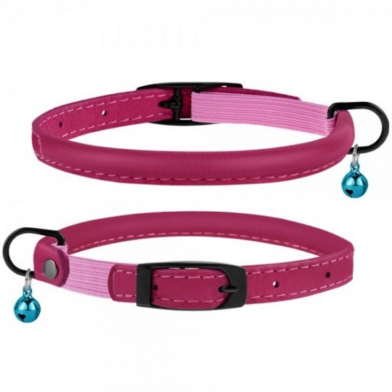 Collar for cats round leather BronzeDog Premium elastic band and bell Pink